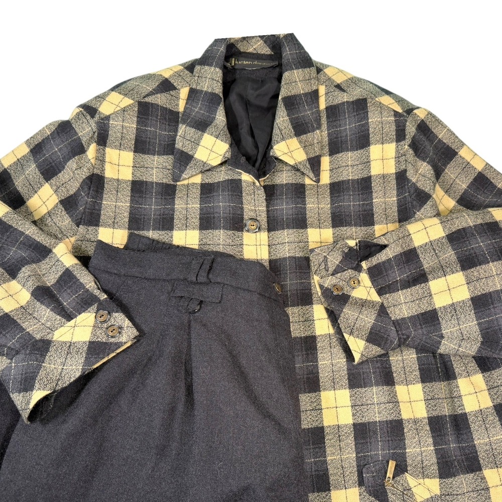 Lucien Daunois Black Yellow Plaid Wool Pant Suit Set Vintage Dark Academia